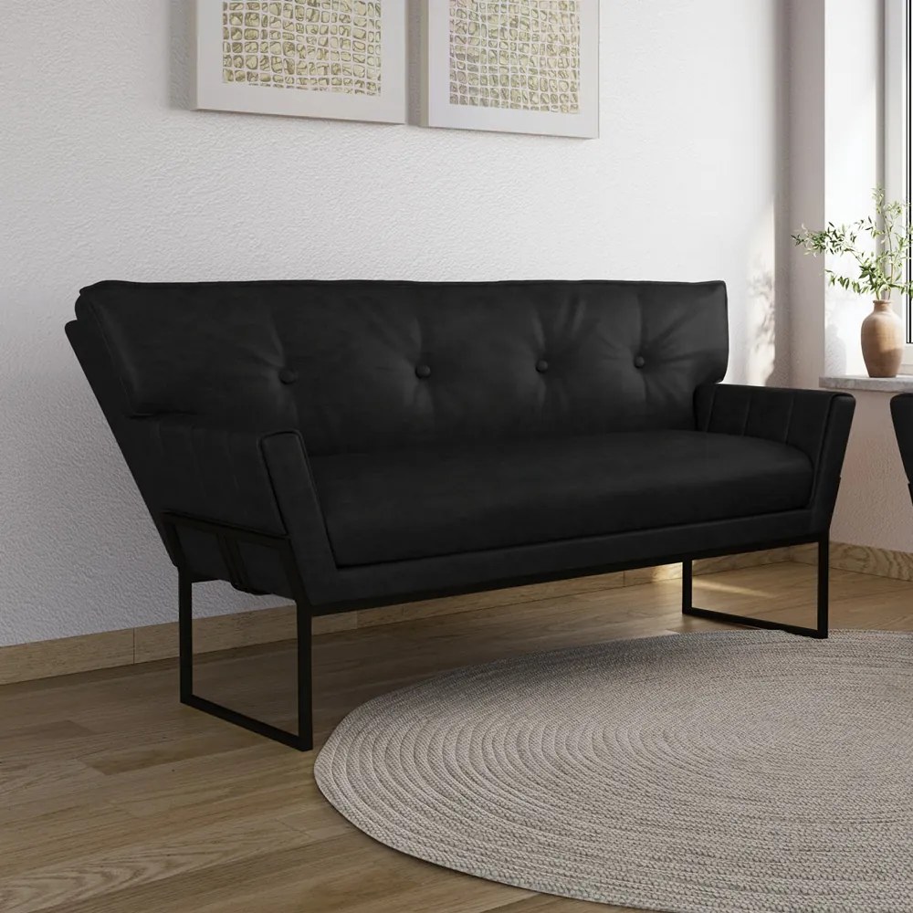 Sofá Namoradeira 2 Lug Industrial Pto Anitta Sintético PU D03 - D'Rossi - Preto