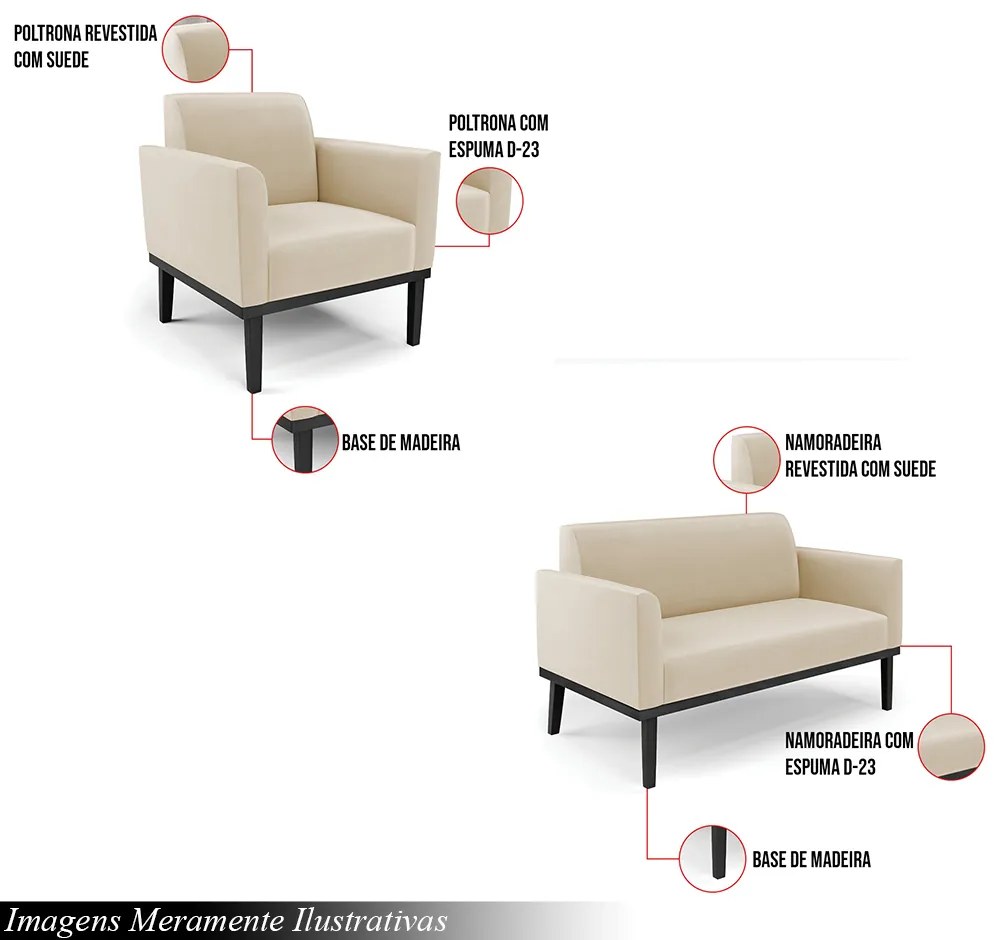 Conjunto Poltrona e Namoradeira Decorativa Isabella Pés Fixo em Madeira Preto Suede Bege G19 - Gran Belo
