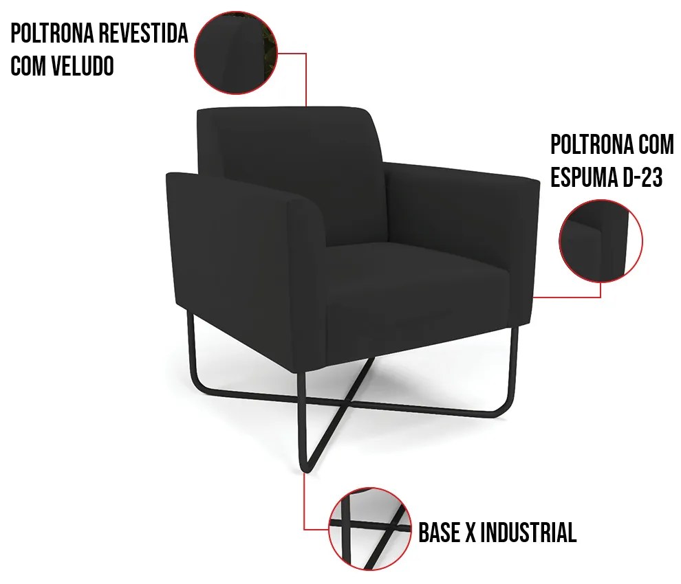 Kit 2 Poltronas Base X Industrial Preto Marisa Veludo - Preto