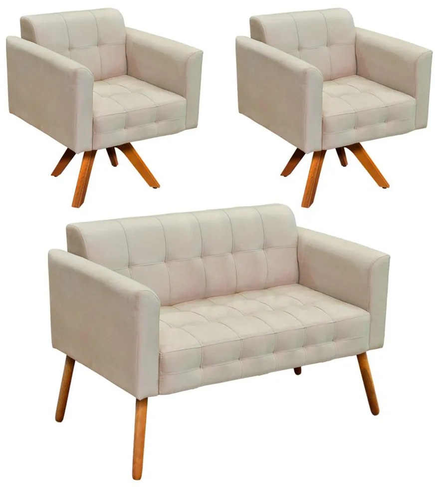 Kit 01 Namoradeira e 02 Poltronas Giratória Elisa Suede Base Madeira MM30 D'Rossi - Bege