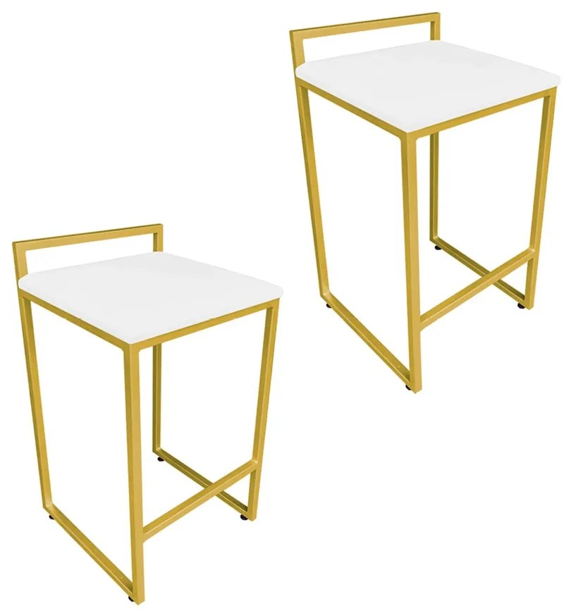 Conjunto 02 Banquetas Pietra Suede Base Dourado - Branco