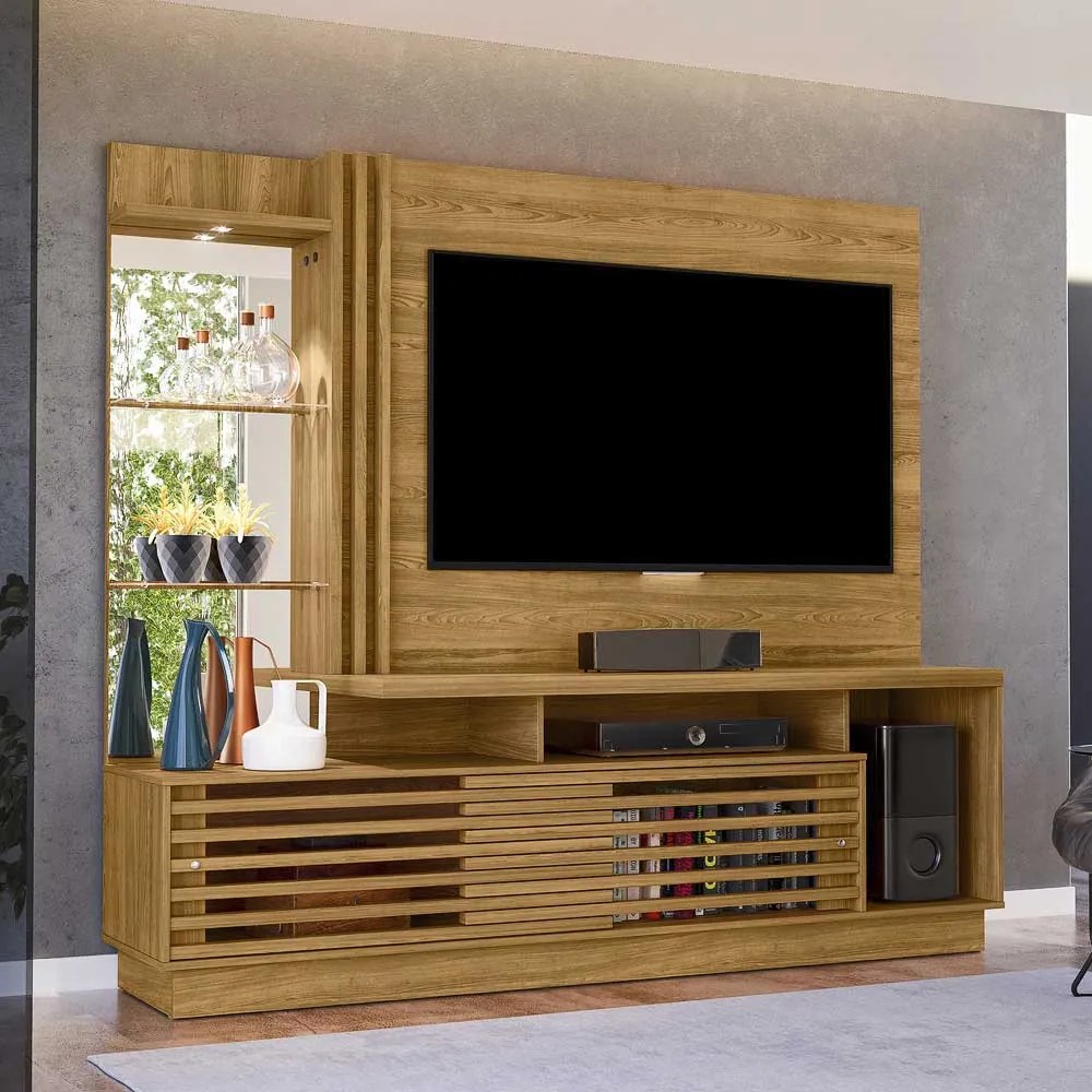 Home Theater Stall 2 Portas 2 Prateleiras Iluminação LED MDP até 60 Cumaru G97 - Gran Belo