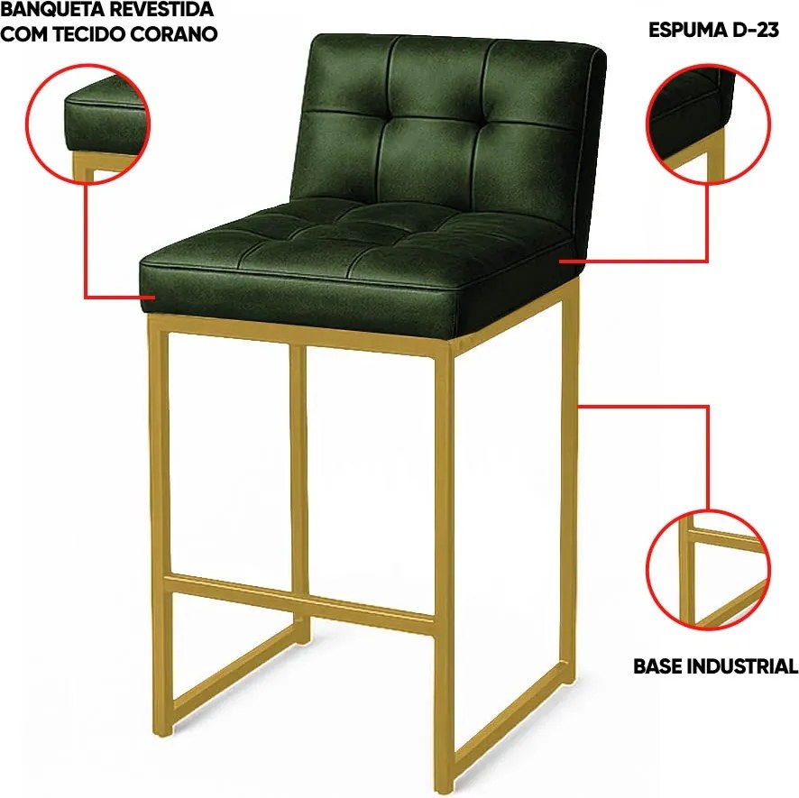 Banqueta Cozinha Alta com Encosto Industrial Kit 3 Dourado Lirina PU Verde C05 - D'Rossi