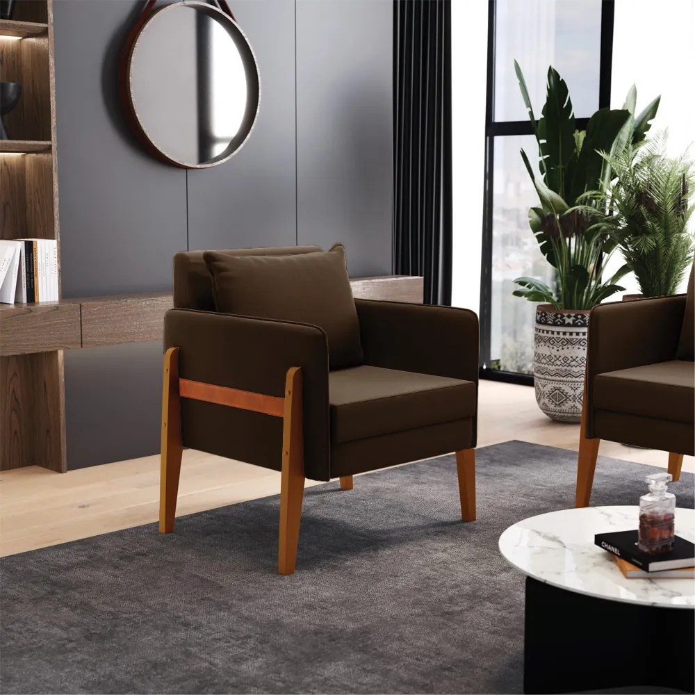 Poltrona Lana Suede Marrom Base de Madeira