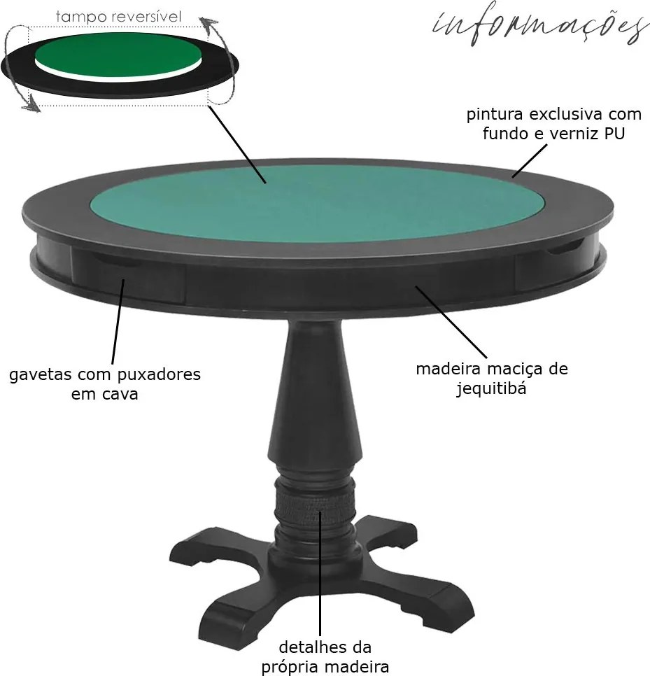 Mesa de Jogos Carteado Victoria 4 Lugares Redonda Tampo Reversível com Gavetas e Porta Copos Preto Fosco G36 - Gran Belo