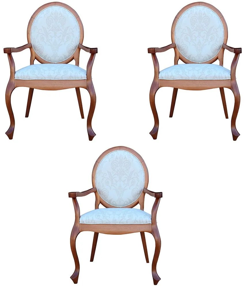 Kit 03 Poltronas Decorativas Sala de Estar Base Madeira Maciça Adrie Sarja Bege/Amêndoa Mel G36 - Gran Belo