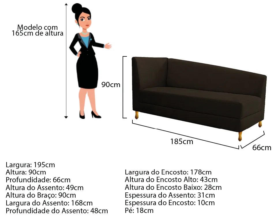 Recamier Valéria 185cm Lado Esquerdo Corano Marrom - ADJ Decor