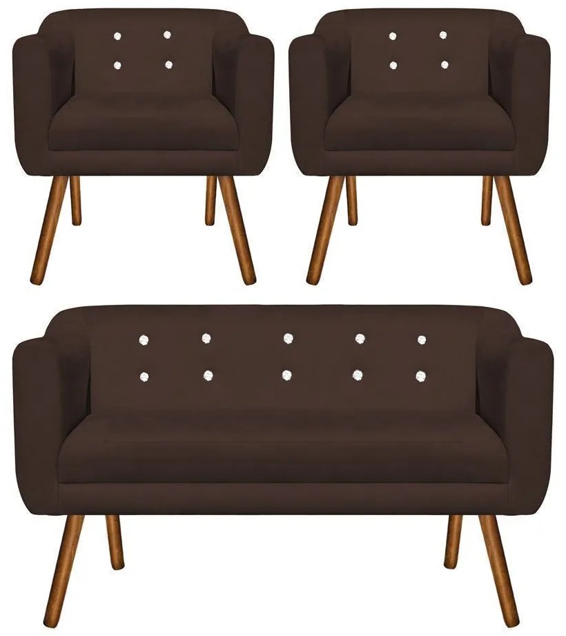 Kit 01 Namoradeira 02 Lugares e 02 Poltronas Julia Suede Marrom com Strass Pés Palito Castanho D'Rossi