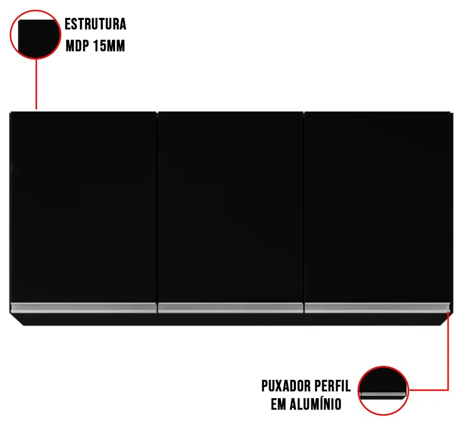 Armário Aéreo de Cozinha Lavanderia 03 Portas Tina 120 cm L06 - D'Rossi - Preto