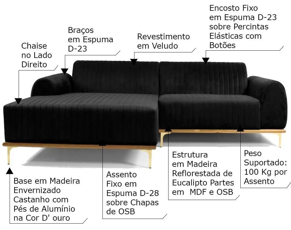 Sofá 3 Lugares Bipartido com Chaise Lado Direito Base de Madeira Euro 230 cm Veludo Preto G15 - Gran Belo