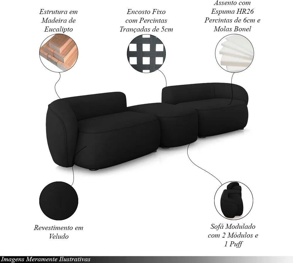 Sofá Versátil Sala de Estar Egito 302cm Modulado Veludo Preto G52 - Gran Belo