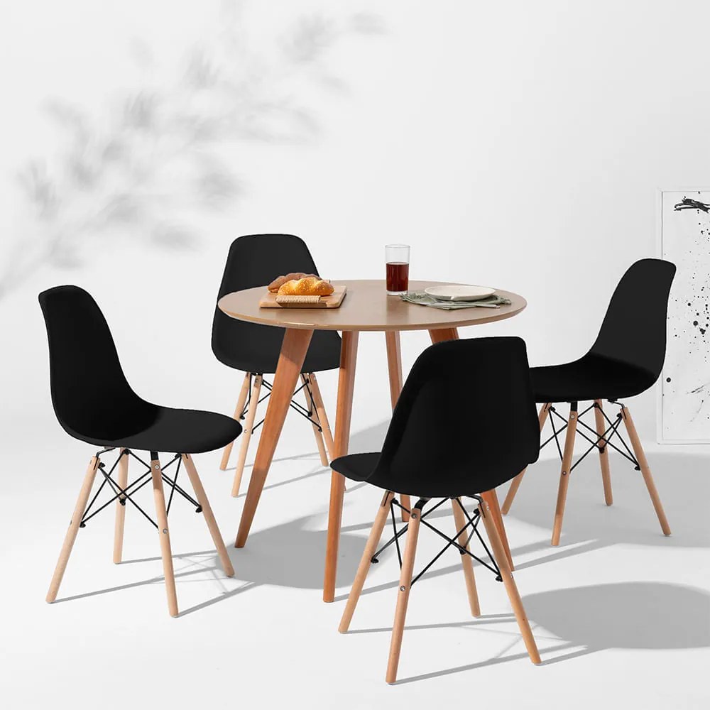 Conjunto Mesa Square Redonda Bétula - 88cm + 4 Cadeiras Eiffel - Preto