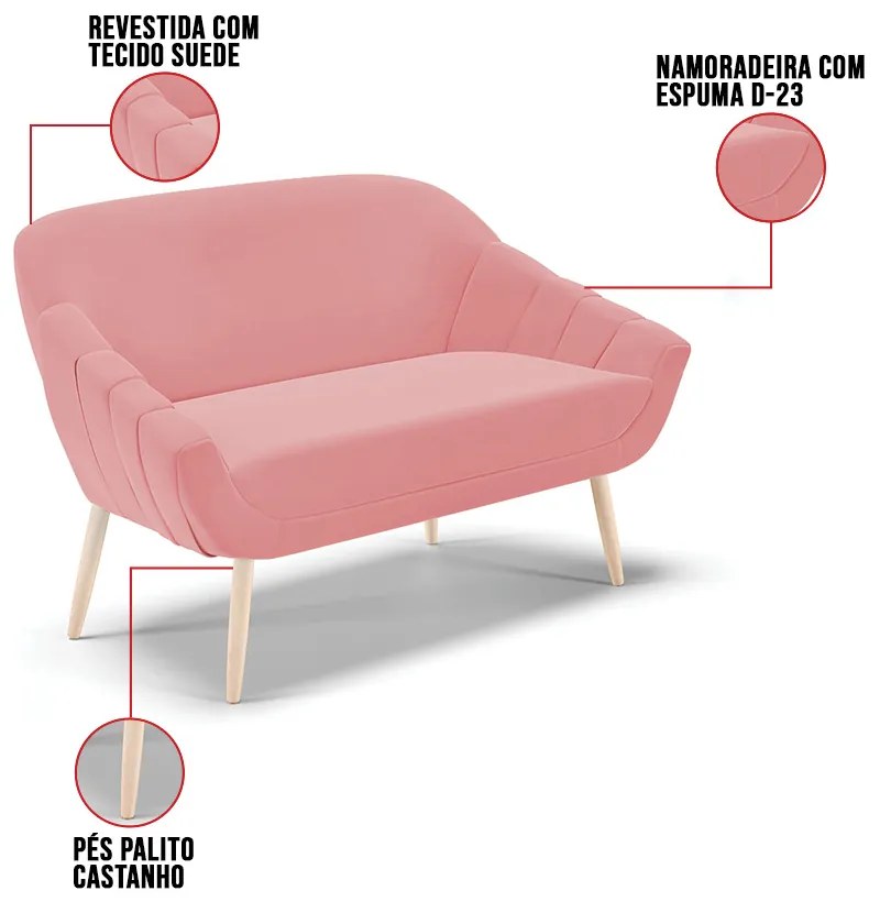 Kit 01 Namoradeira 02 Lugares e 02 Poltronas Giovana Suede Pés Palito Natural D01 - D'Rossi - Rose
