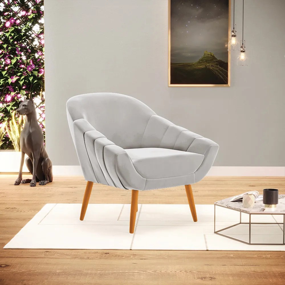 Poltrona Giovana Veludo Pés Palito Castanho - Indo Decorar - Cinza