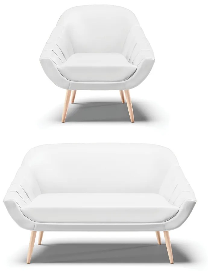 Kit 01 Namoradeira 02 Lugares e 01 Poltrona Giovana Corino Branco Pés Palito Natural - Indo Decorar