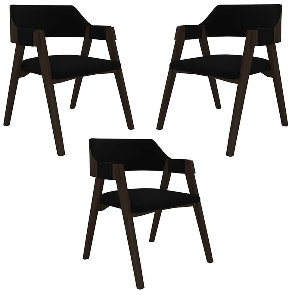 Kit 3 Cadeiras Sala de Jantar e Jogos Carteados Madeira Maciça Poker Veludo Preto/Capuccino G42 - Gran Belo