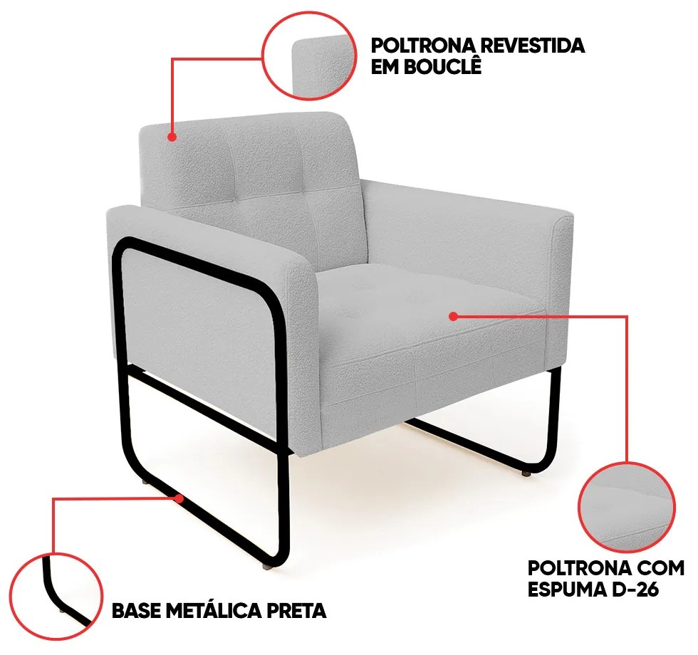 Poltrona Sala Industrial Alta Tubo Preto Elisa Bouclê D03 - D'Rossi - Cinza
