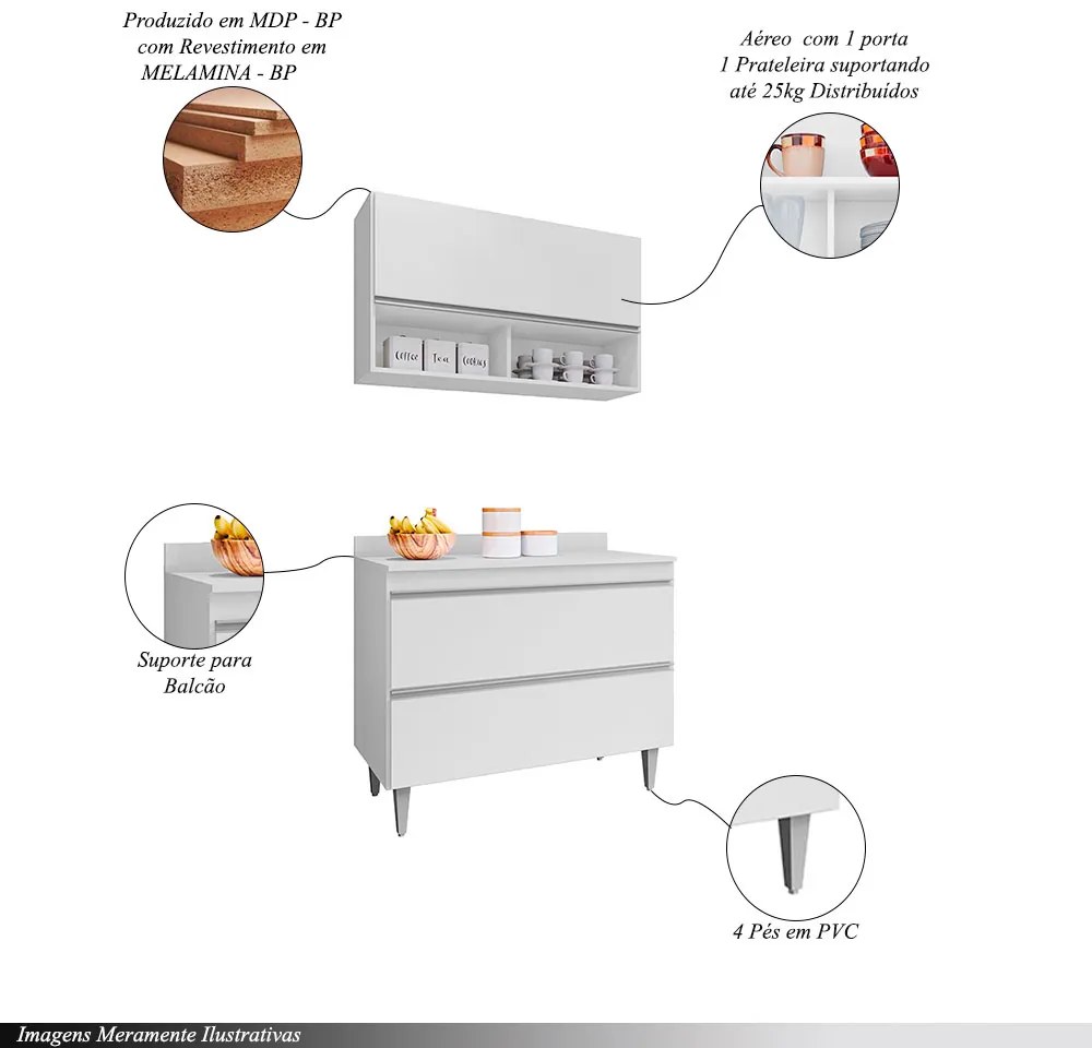 Conjunto Balcão de Cozinha com Tampo Armário Aéreo Wollo MDP/BP Branco G96 - Gran Belo
