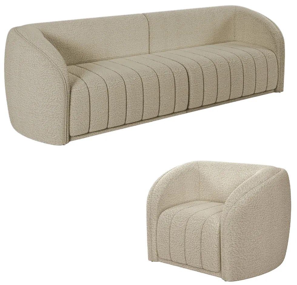 Conjunto Sala de Estar Sofá 332cm 4 Lugares e Poltrona Adam Boucle Bege G45 - Gran Belo