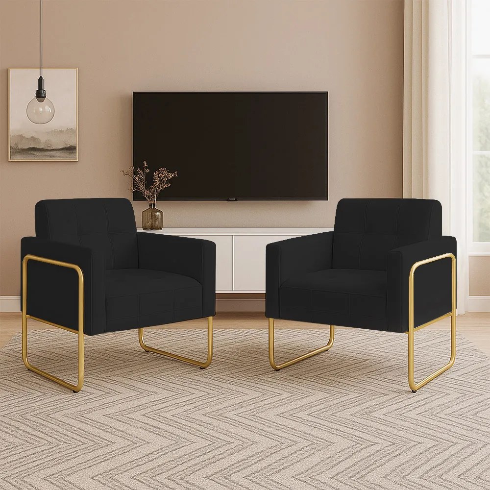 Poltrona Sala Industrial Alta Tubo Dourado Kit 2 Elisa Veludo D03 - D'Rossi - Preto