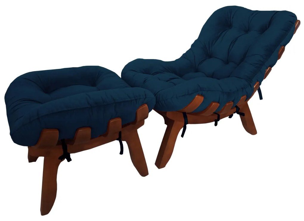 Conjunto Poltrona Decorativa Costela com Puff Costela Veludo Azul Marinho