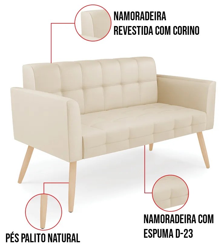 Kit 1 Sofá Namoradeira e 2 Poltronas Elisa Corino Pés Palito Natural D03 - D'Rossi - Bege