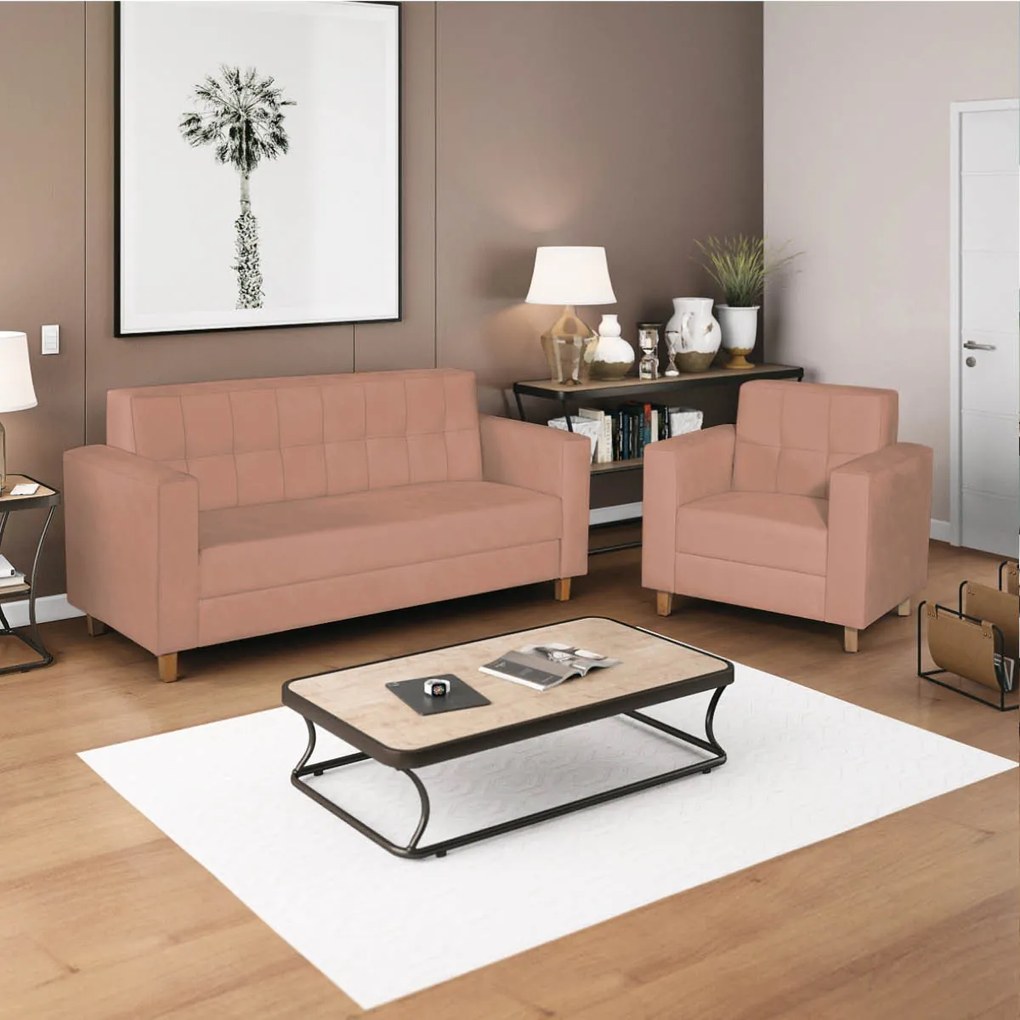 Kit Sofá 2 Lugares e 2 Poltronas Denver Suede Rosê - ADJ Decor