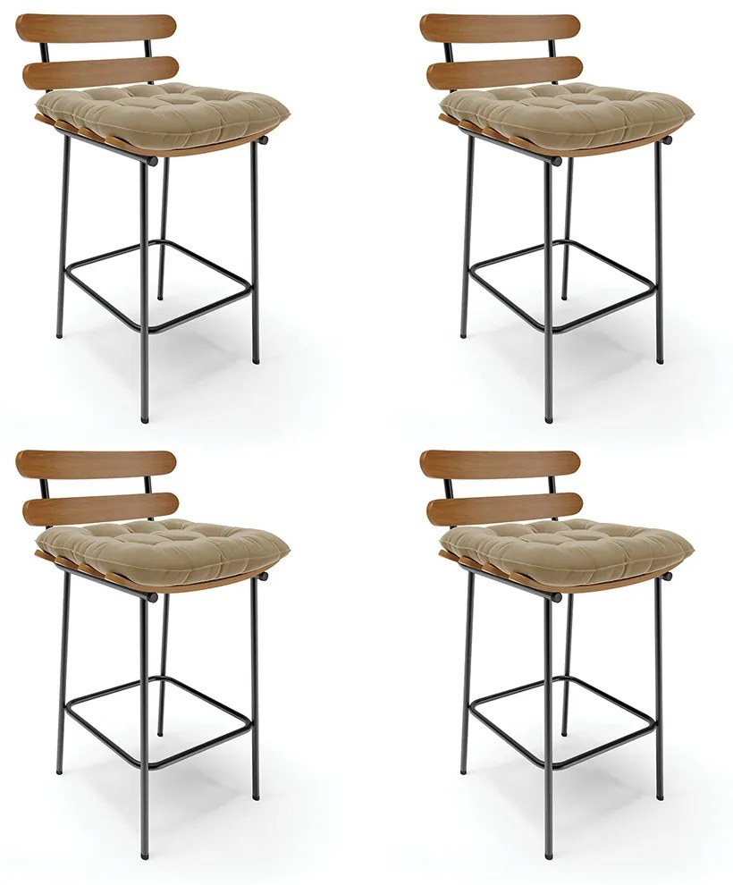 Kit 04 Banquetas Costela Suede Marrom Rato Base Metálica Preto - DRossi