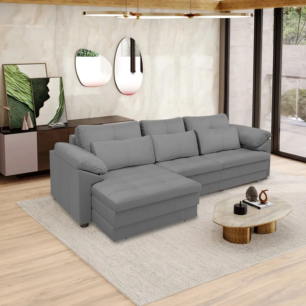 Sofá Retrátil Manual Sala de Estar Nolan Bipartido 257cm Conforto Premium em Couro Cinza G58 - Gran Belo