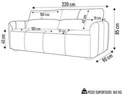 Sofá Living 3 Lugares Sala de Estar 220cm Virtus L07 Couro Preto - Mpo