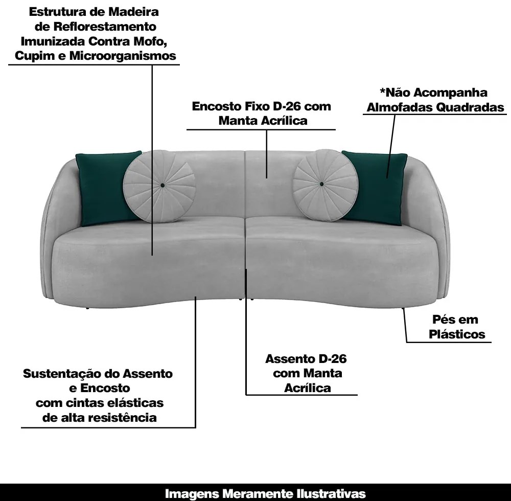 Sofá Decorativo 240cm com Almofadas Redondas Clarke Veludo Cinza Claro G45 - Gran Belo