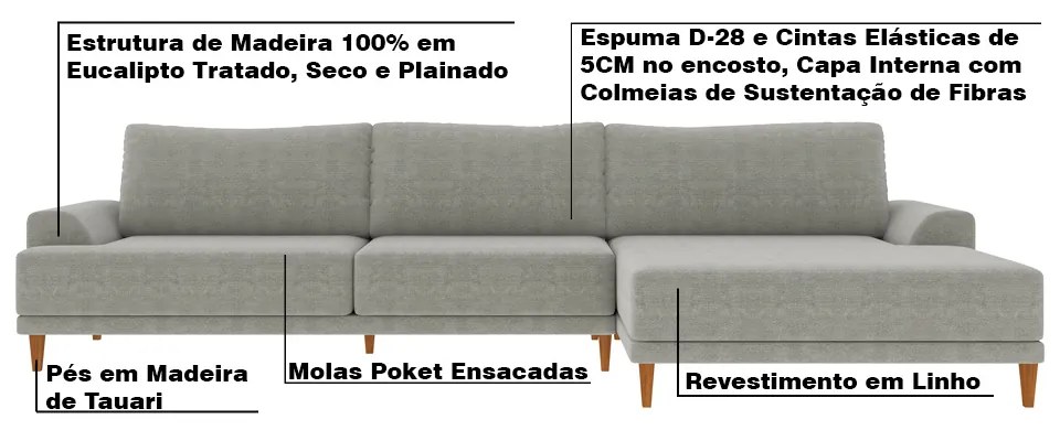 Sofá com Chaise Direita 294cm Índico Linho Cinza G52 - Gran Belo
