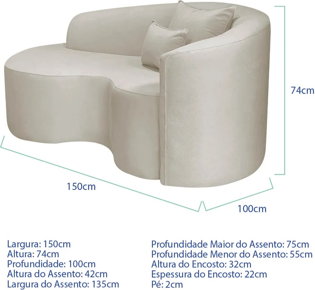 Kit Recamier Curvo Sala de Estar Inglaterra 150cm Lado Esquerdo e 2 Poltronas Orgânica Luxo Amore Linho