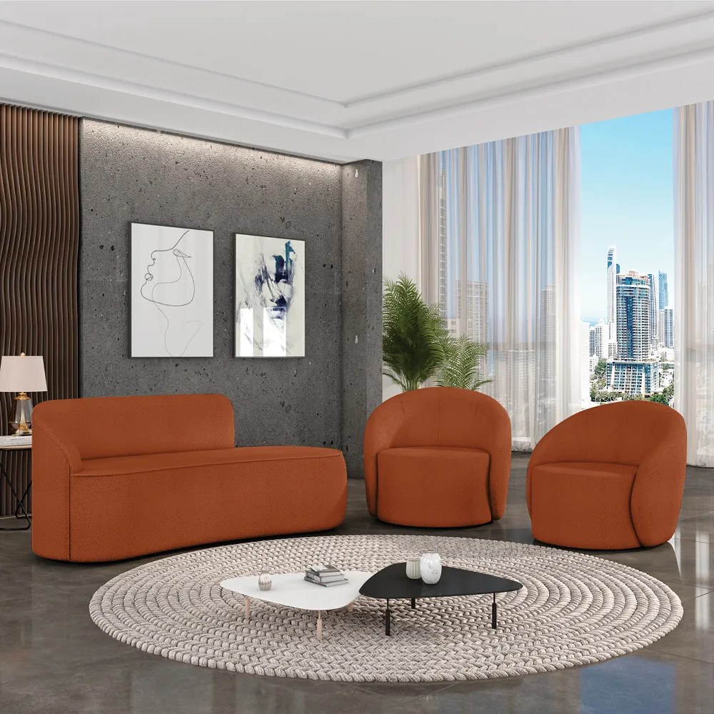 Sofá 2 Lugares Orgânico 140cm Morgan e 2 Poltronas Lua Bouclê D03 - D'Rossi - Terracota