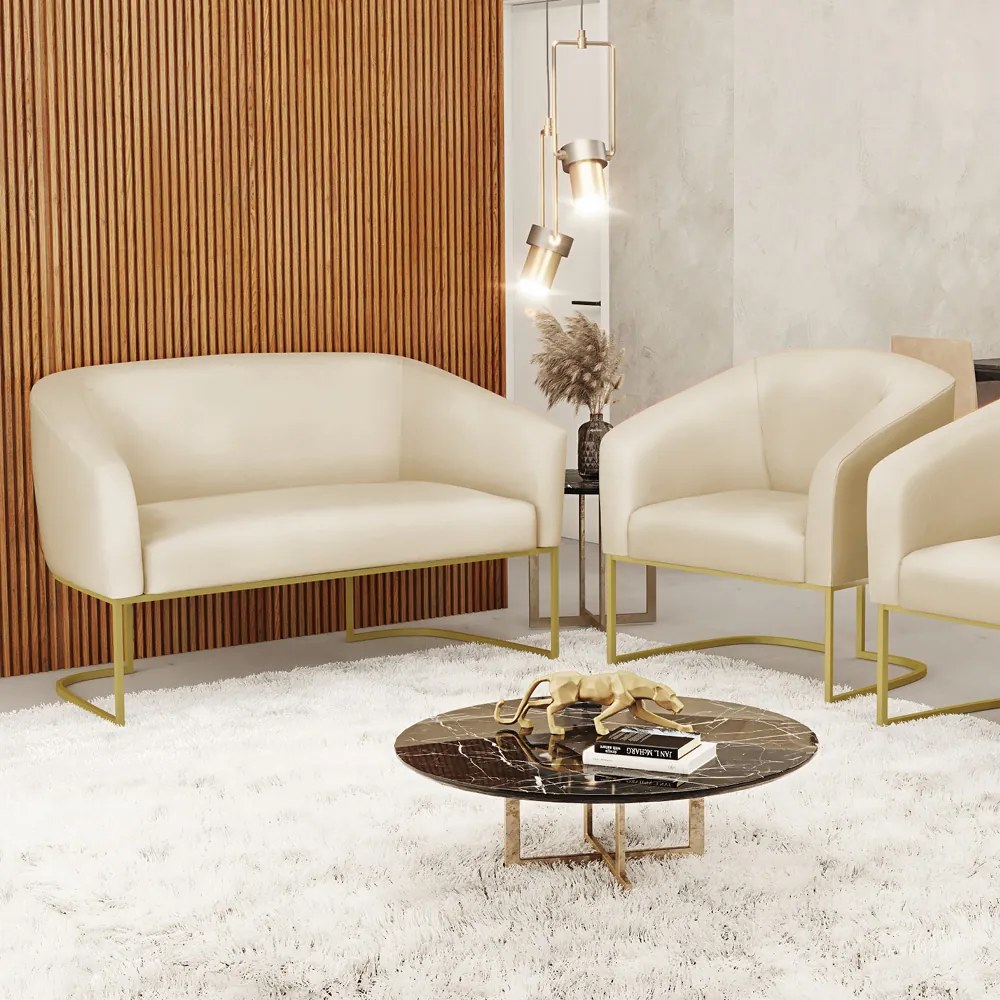Sofá Namoradeira e Poltrona Industrial Dourado Stella Sintético D03 - D'Rossi - Bege