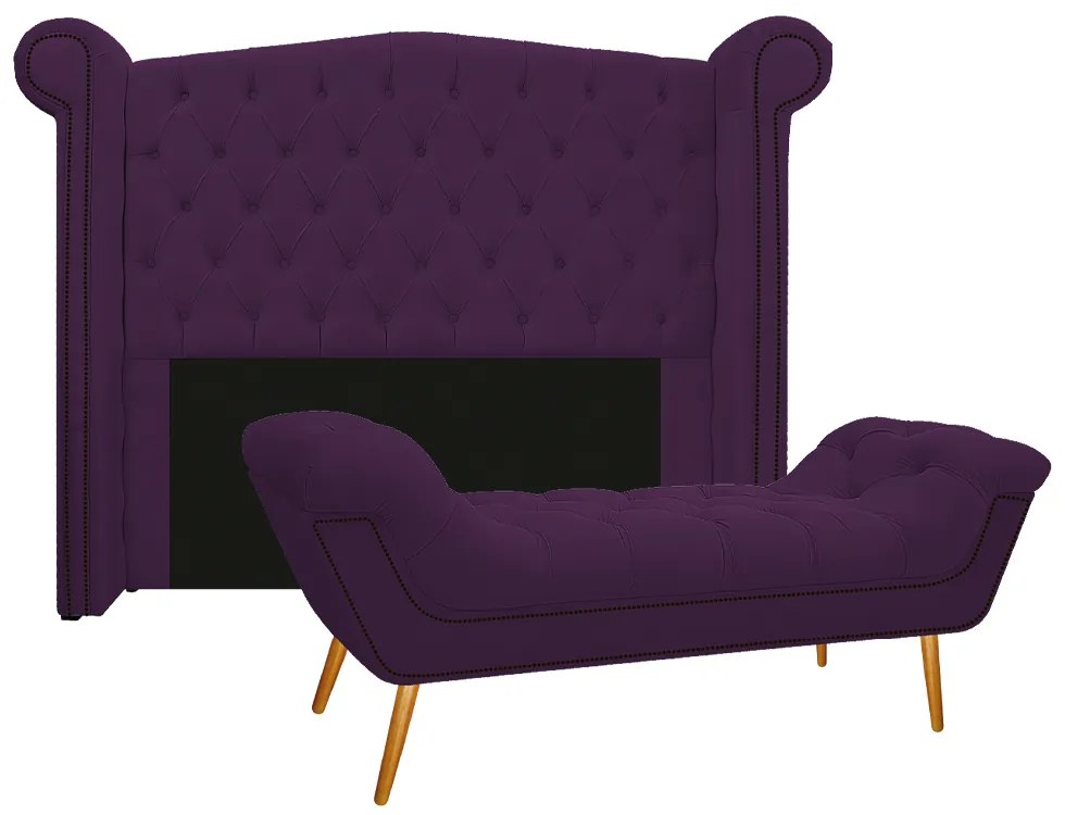 Kit Cabeceira e Calçadeira Veneza 140 cm Casal Suede Roxo - ADJ Decor