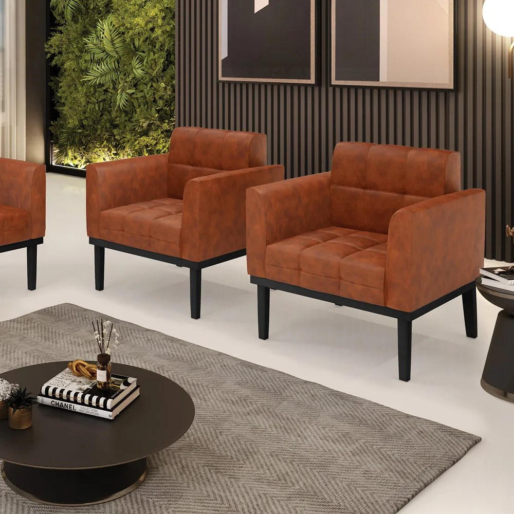 Kit 2 Poltronas Decorativas Karen Pés Fixo em Madeira Preto Pu Nozes G19 - Gran Belo