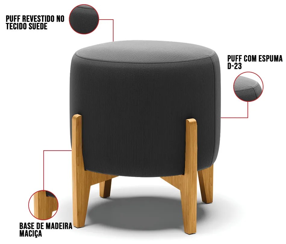 Puff Stella Suede Base Madeira Castanho - D'Rossi - Preto