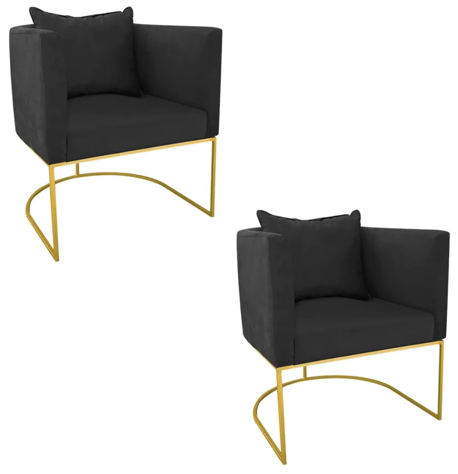 Kit 02 Poltronas Paola Suede Base Metálica Dourado D03 - D'Rossi  - Preto