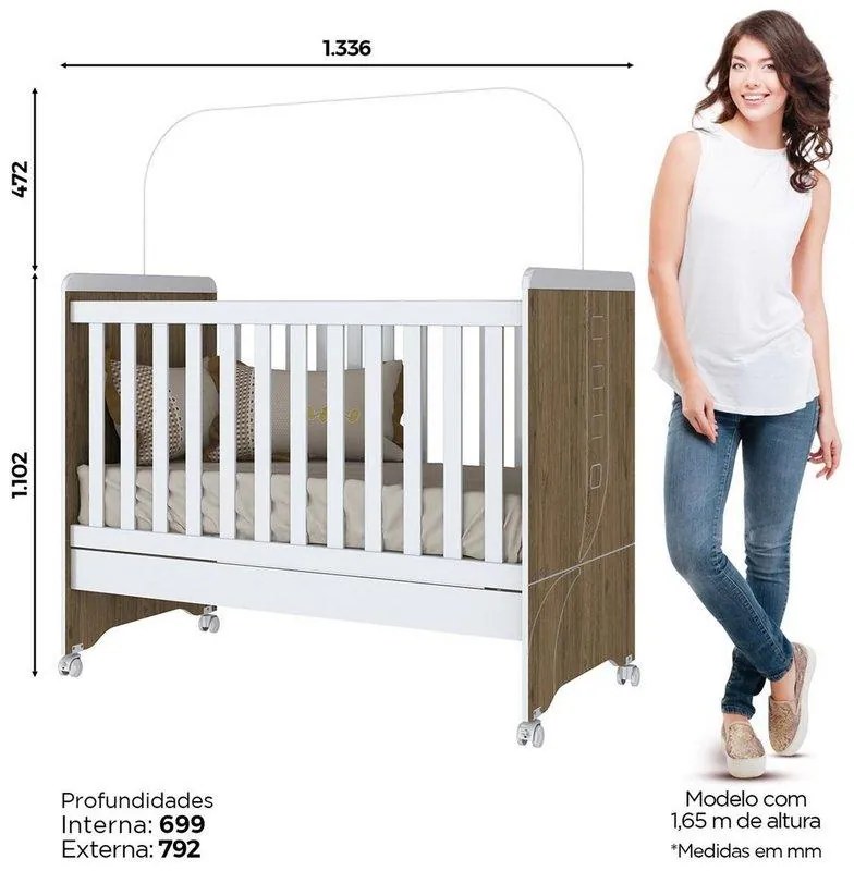 Berço 3 em 1 Mini Cama Pão de Mel em MDF - Branco/Rustico