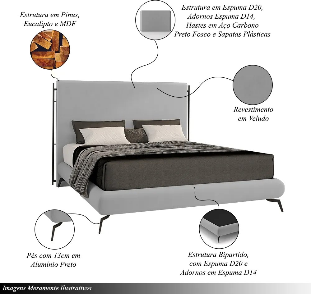 Conjunto Cabeceira e Base para Colchão King Bezos com pés em Alumínio Veludo Cinza G91 - Gran Belo