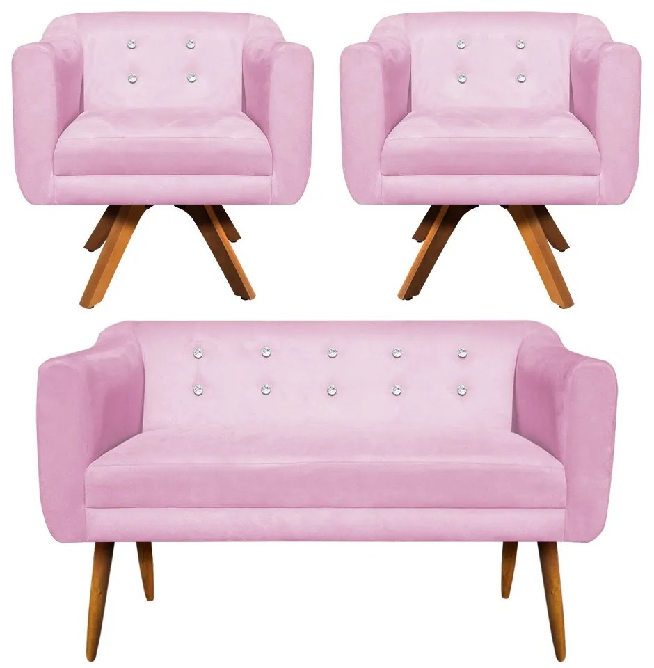Kit 01 Namoradeira 02 Lugares e 02 Poltronas Giratória Julia Suede Rosa Bebê com Strass Base Madeira MM30 D'Rossi