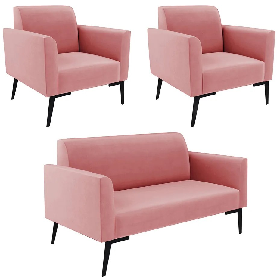 Sofá Namoradeira com 2 Poltronas Pés Villach Marisa Suede D03 - DRossi - Rose
