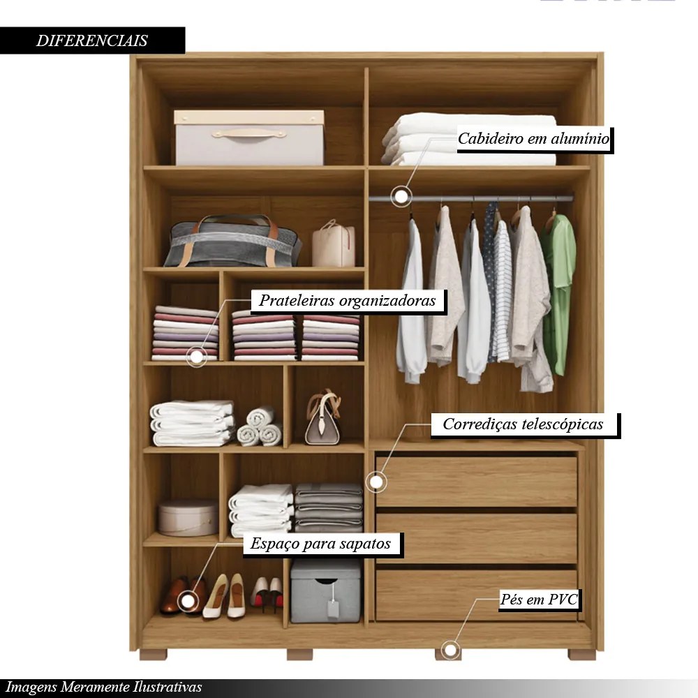 Guarda Roupa Orbit Solteiro 4 Portas de Bater com 4 Espelhos e Gavetas  MDF Buriti/Fendi G11 - Gran Belo