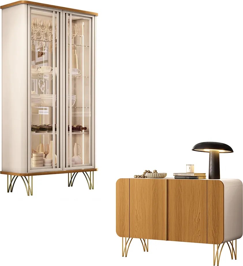 Conjunto Decorativo 1 Cristaleira e 1 Buffet Texas/Bambino Off White/Cinamomo G26 - Gran Belo 