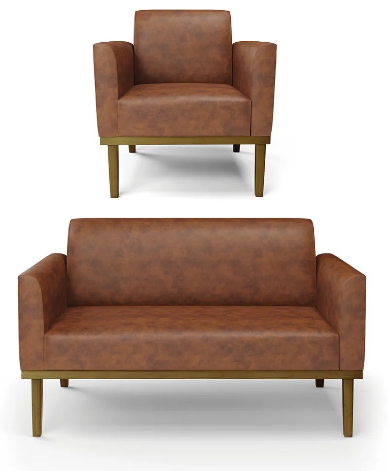 Conjunto Poltrona e Namoradeira Decorativa Isabella Pés Fixo em Madeira Castanho PU Nozes G19 - Gran Belo