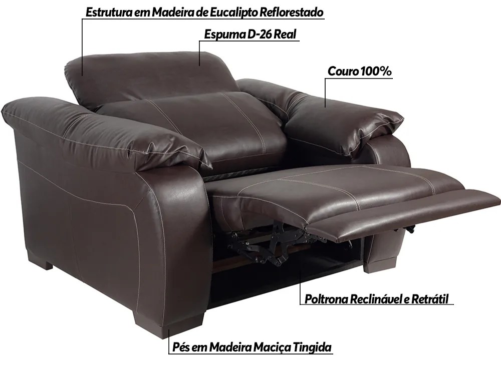 Poltrona Decorativa Retrátil e Reclinável Affection Couro Marrom G34 - Gran Belo