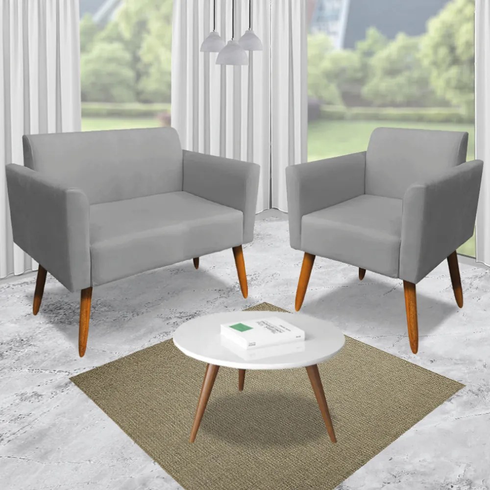 Conjunto Namoradeira e 2 Poltronas Decorativas Isabella Pés Palito Madeira Suede Grafite G19 - Gran Belo