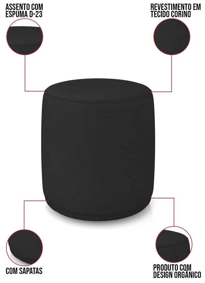 Puff Redondo Orgânico para Sala kit 2 Malu Sintético M11 - D'Rossi - Preto