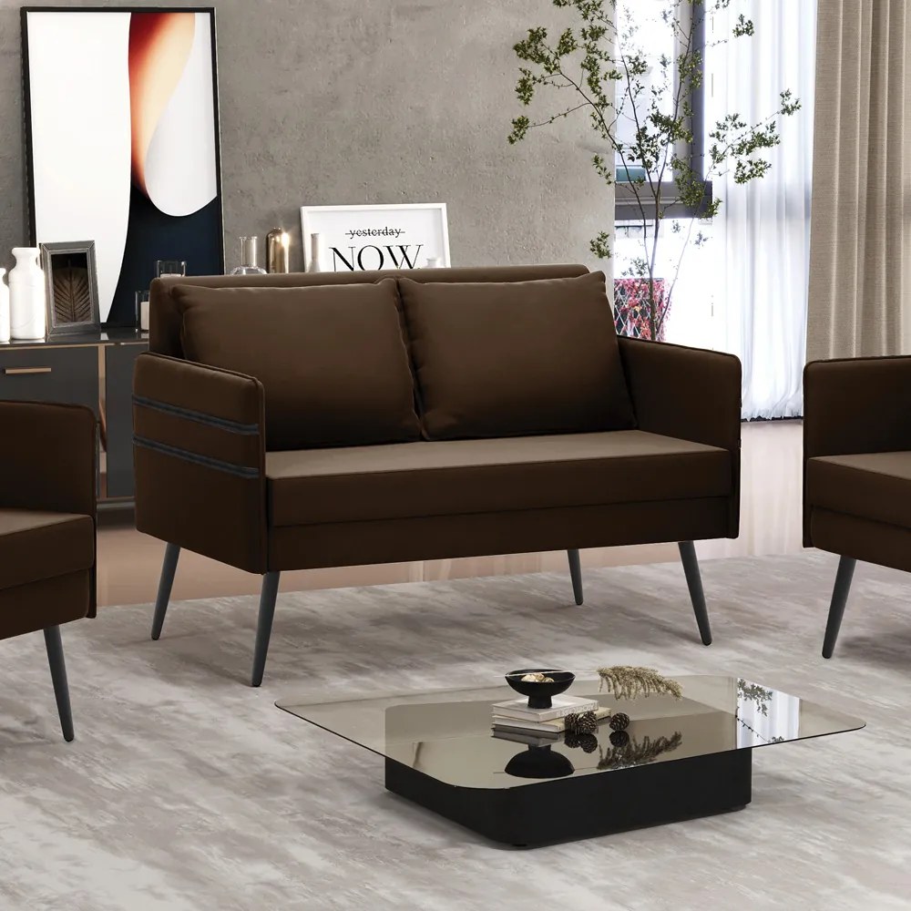 Namoradeira 02 Lugares Mari Suede Pés Palito de Ferro D03 - D'Rossi - Marrom